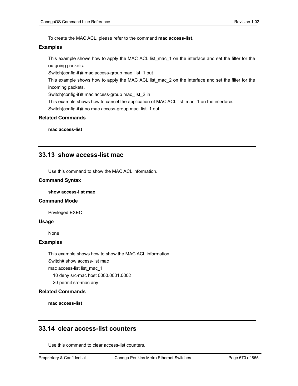 13 show access-list mac, 14 clear access-list counters | CANOGA PERKINS CanogaOS Command Reference User Manual | Page 670 / 855