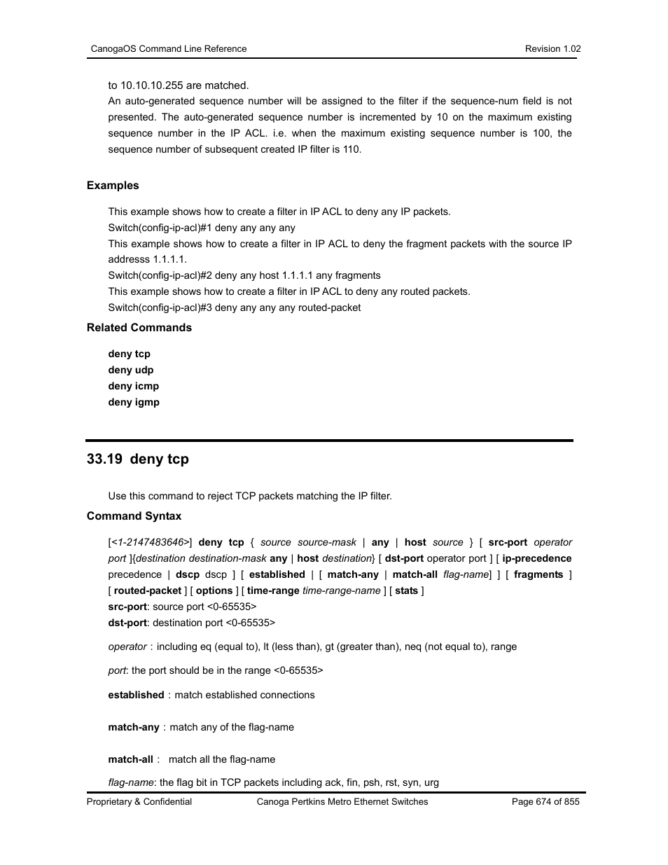 19 deny tcp | CANOGA PERKINS CanogaOS Command Reference User Manual | Page 674 / 855