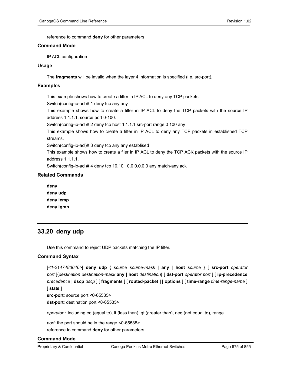 20 deny udp | CANOGA PERKINS CanogaOS Command Reference User Manual | Page 675 / 855