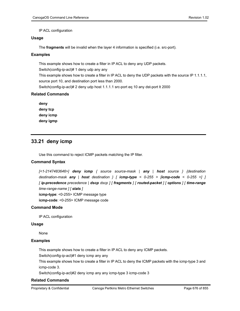21 deny icmp | CANOGA PERKINS CanogaOS Command Reference User Manual | Page 676 / 855