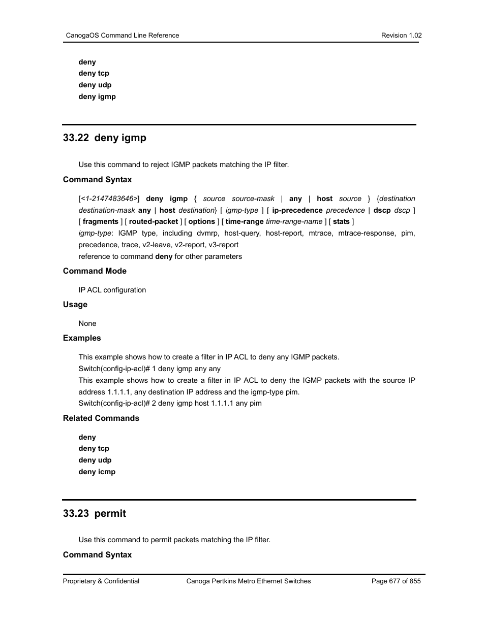 22 deny igmp, 23 permit | CANOGA PERKINS CanogaOS Command Reference User Manual | Page 677 / 855