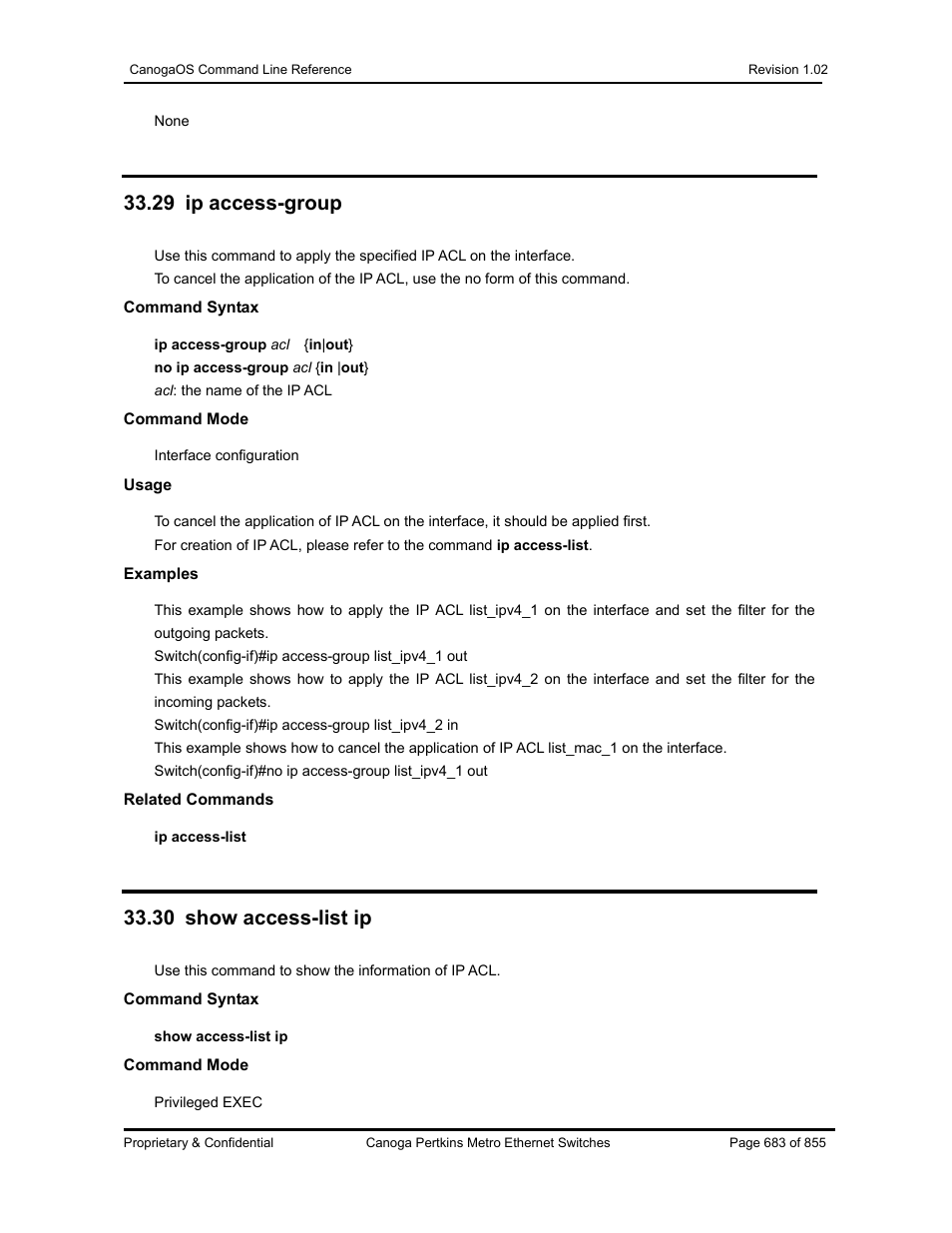 29 ip access-group, 30 show access-list ip | CANOGA PERKINS CanogaOS Command Reference User Manual | Page 683 / 855