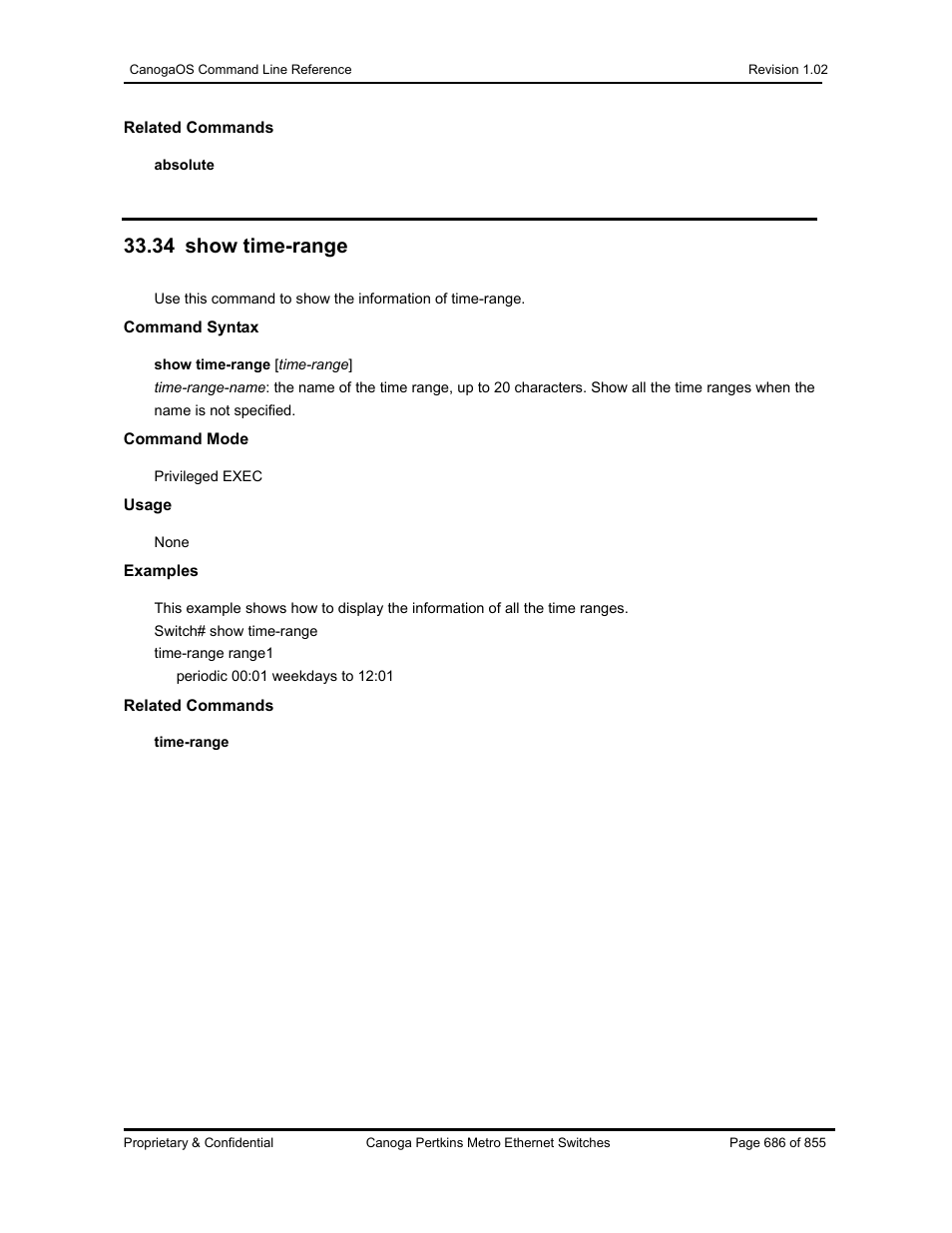 34 show time-range | CANOGA PERKINS CanogaOS Command Reference User Manual | Page 686 / 855