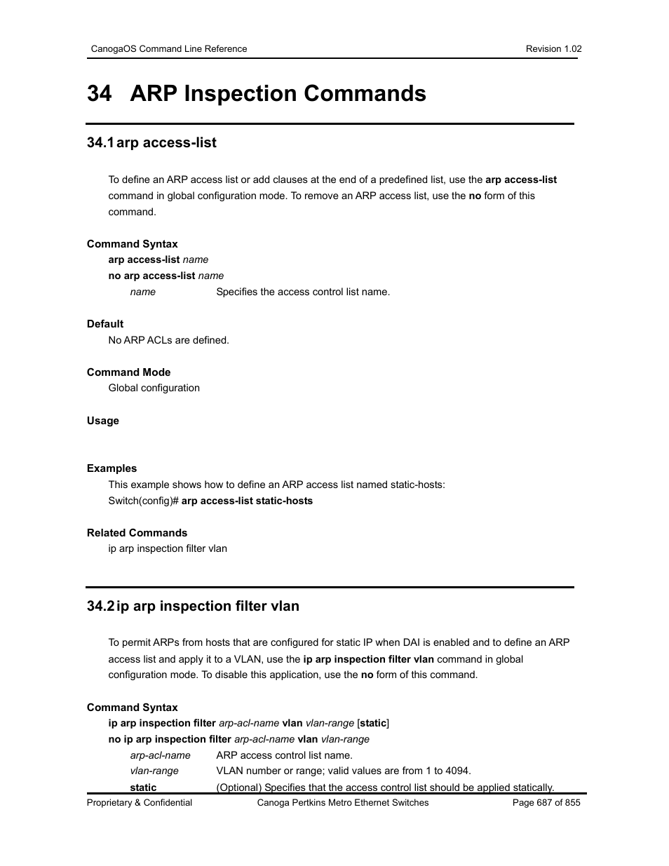 34 arp inspection commands, 1 arp access-list, 2 ip arp inspection filter vlan | CANOGA PERKINS CanogaOS Command Reference User Manual | Page 687 / 855