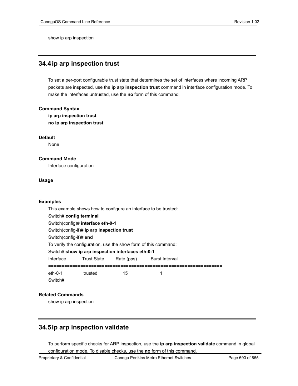 4 ip arp inspection trust, 5 ip arp inspection validate | CANOGA PERKINS CanogaOS Command Reference User Manual | Page 690 / 855