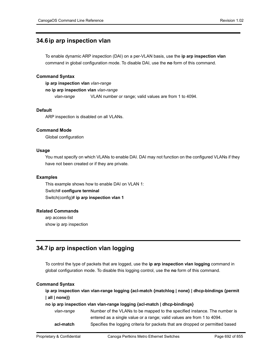 6 ip arp inspection vlan, 7 ip arp inspection vlan logging | CANOGA PERKINS CanogaOS Command Reference User Manual | Page 692 / 855