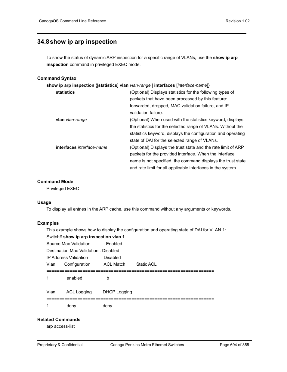 8 show ip arp inspection | CANOGA PERKINS CanogaOS Command Reference User Manual | Page 694 / 855