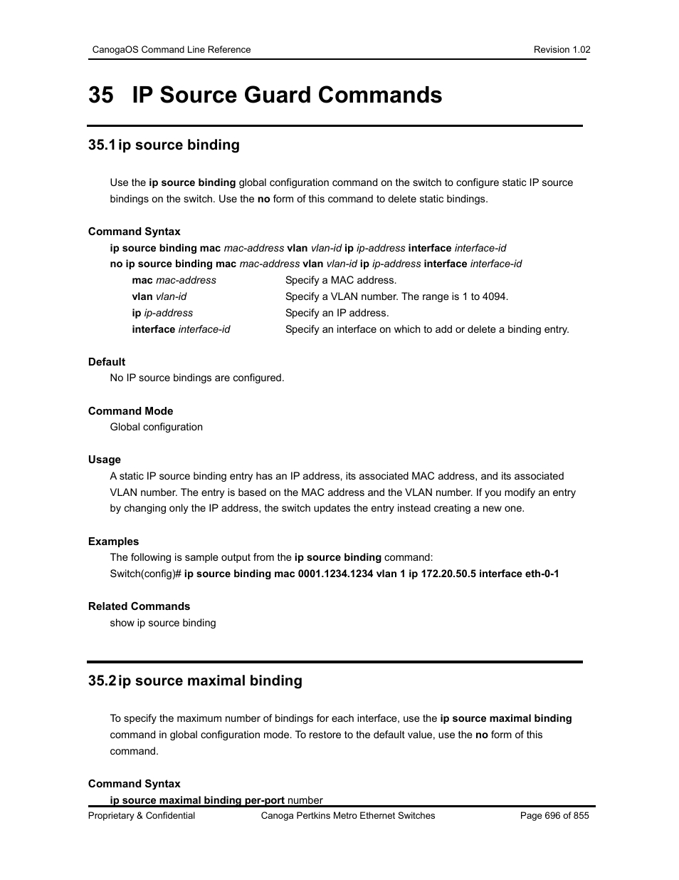 35 ip source guard commands, 1 ip source binding, 2 ip source maximal binding | CANOGA PERKINS CanogaOS Command Reference User Manual | Page 696 / 855