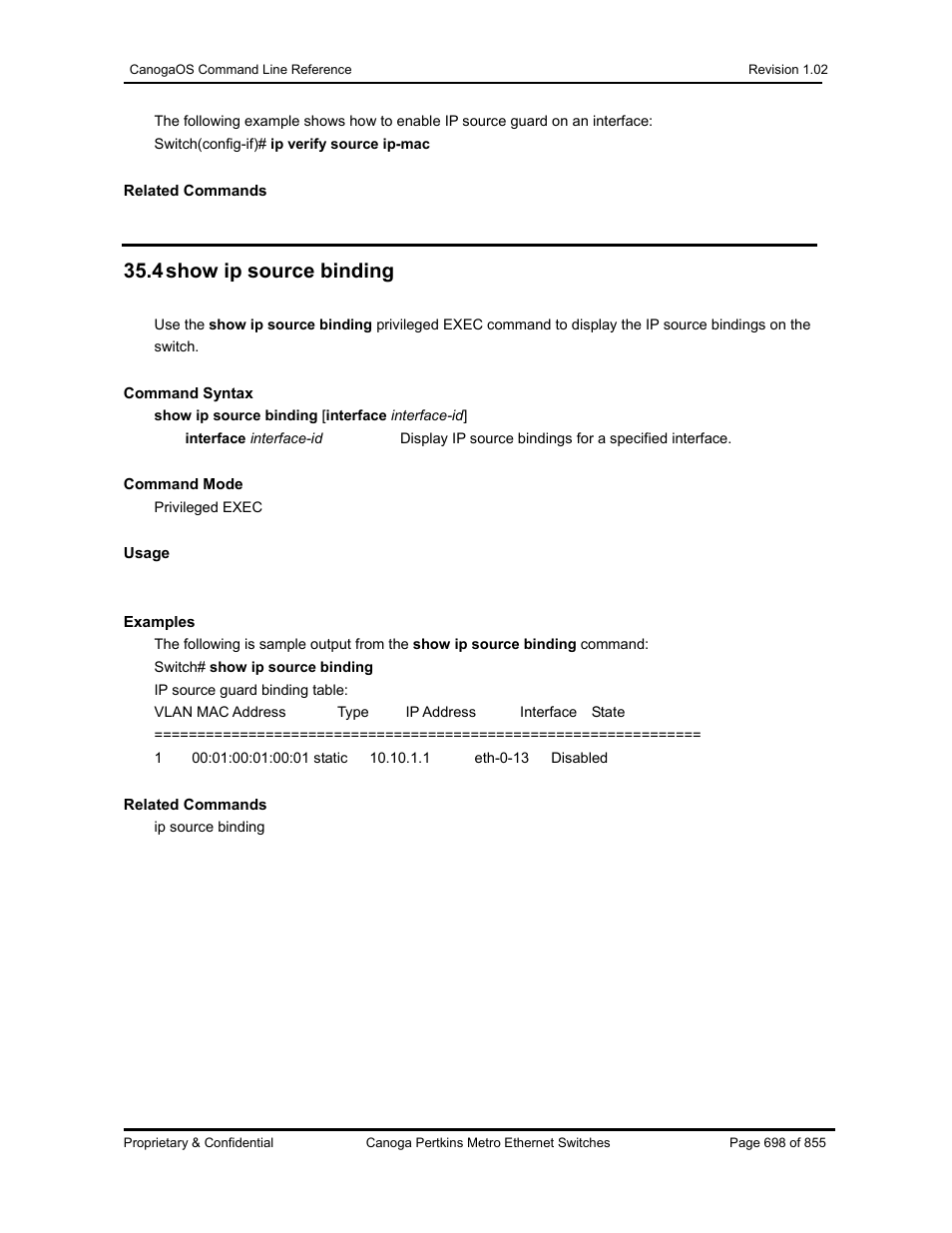 4 show ip source binding | CANOGA PERKINS CanogaOS Command Reference User Manual | Page 698 / 855