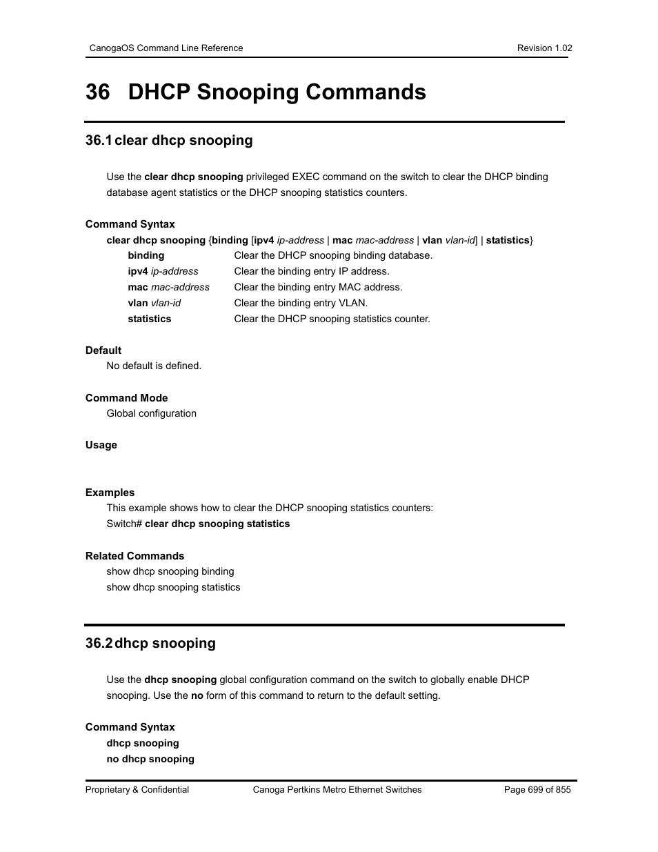 36 dhcp snooping commands, 1 clear dhcp snooping, 2 dhcp snooping | CANOGA PERKINS CanogaOS Command Reference User Manual | Page 699 / 855