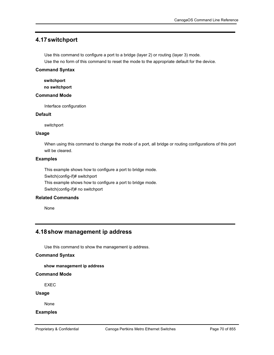 17 switchport, 18 show management ip address | CANOGA PERKINS CanogaOS Command Reference User Manual | Page 70 / 855