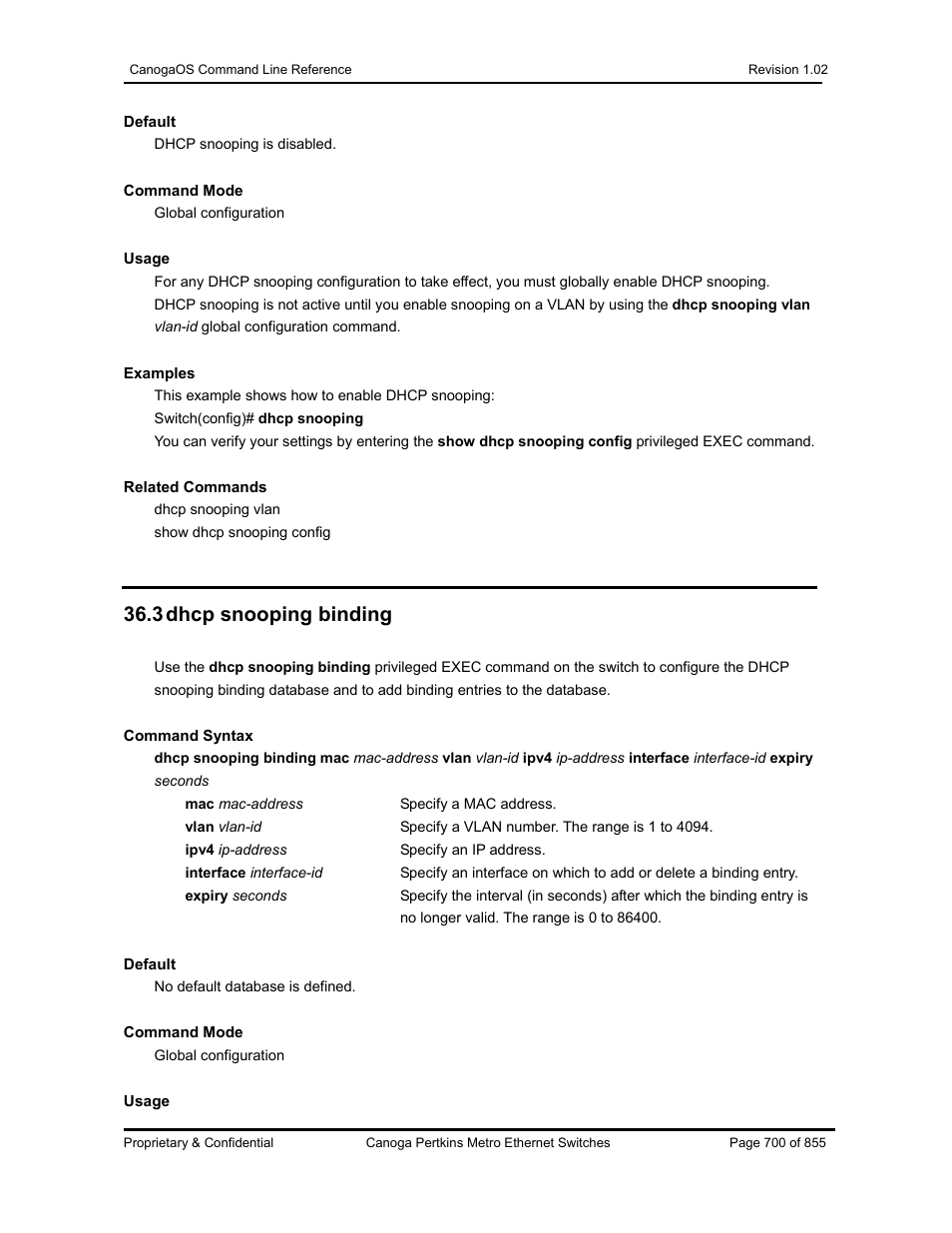 3 dhcp snooping binding | CANOGA PERKINS CanogaOS Command Reference User Manual | Page 700 / 855