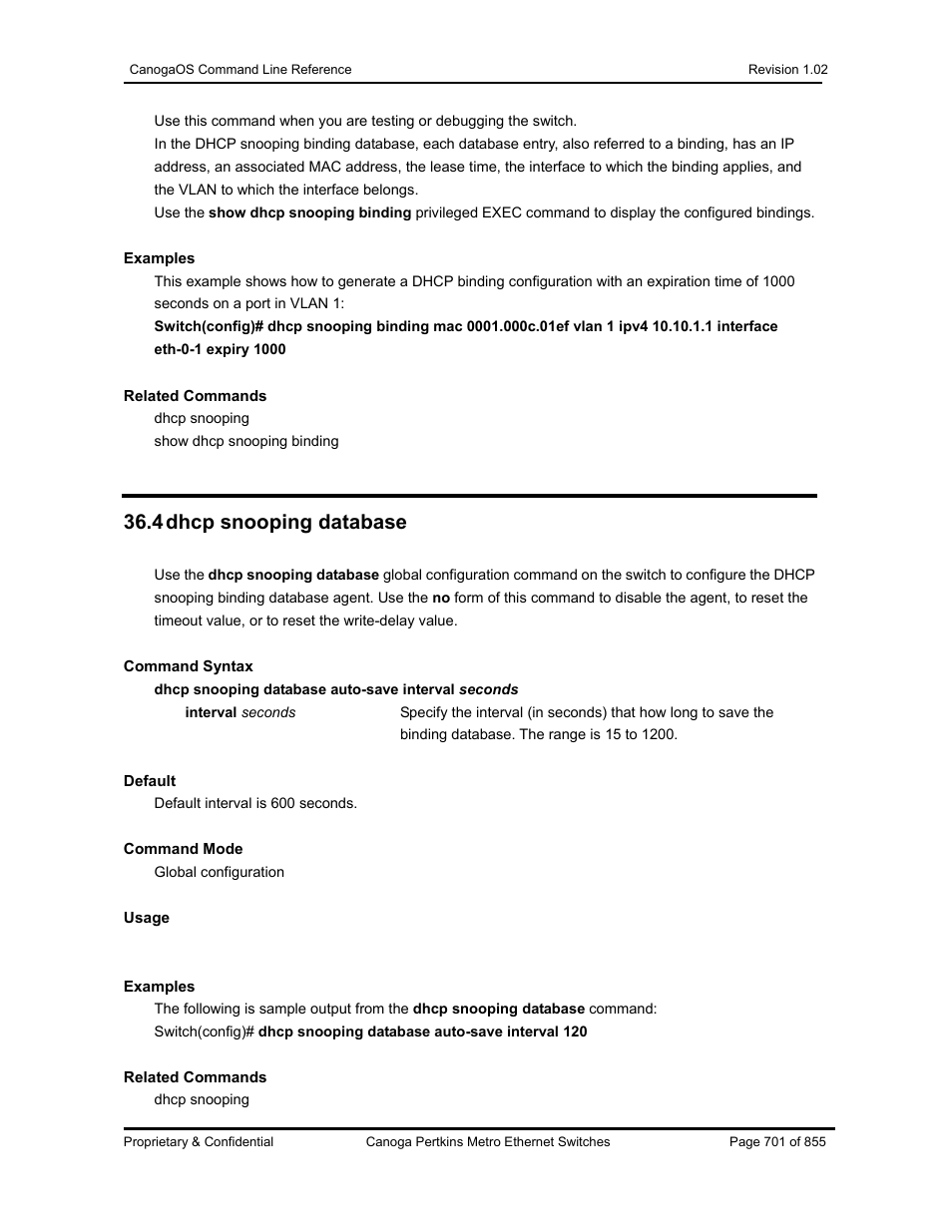 4 dhcp snooping database | CANOGA PERKINS CanogaOS Command Reference User Manual | Page 701 / 855