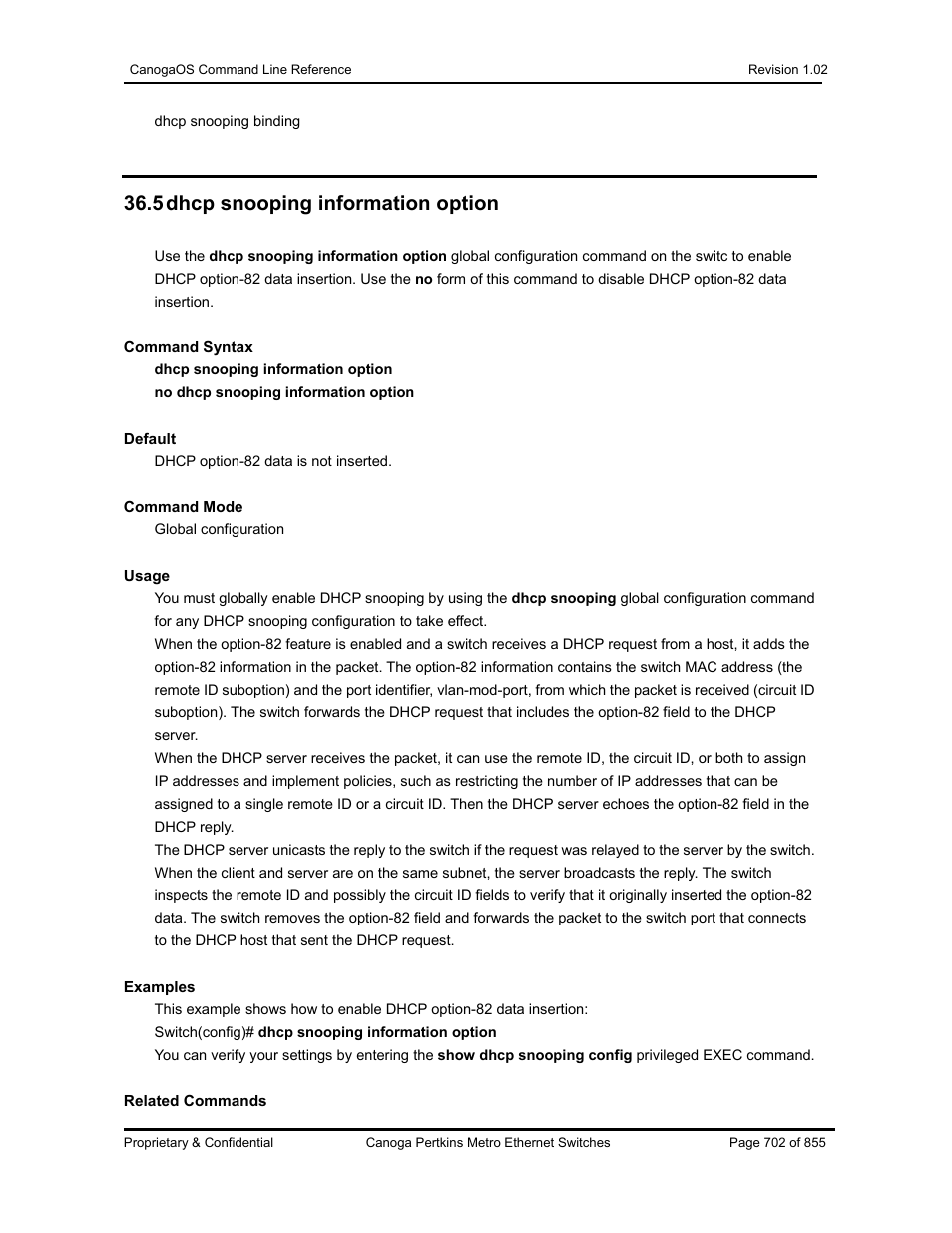 5 dhcp snooping information option | CANOGA PERKINS CanogaOS Command Reference User Manual | Page 702 / 855