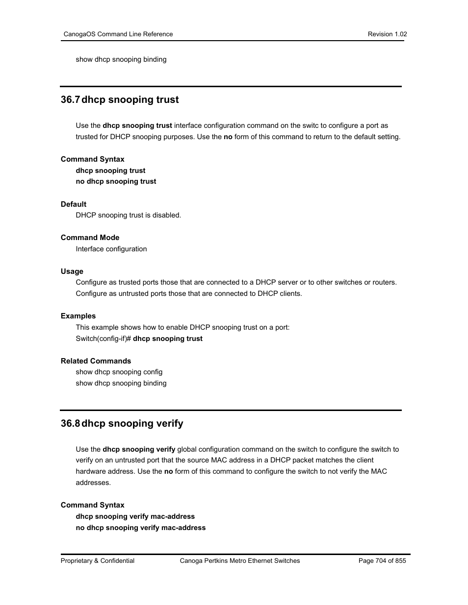 7 dhcp snooping trust, 8 dhcp snooping verify | CANOGA PERKINS CanogaOS Command Reference User Manual | Page 704 / 855