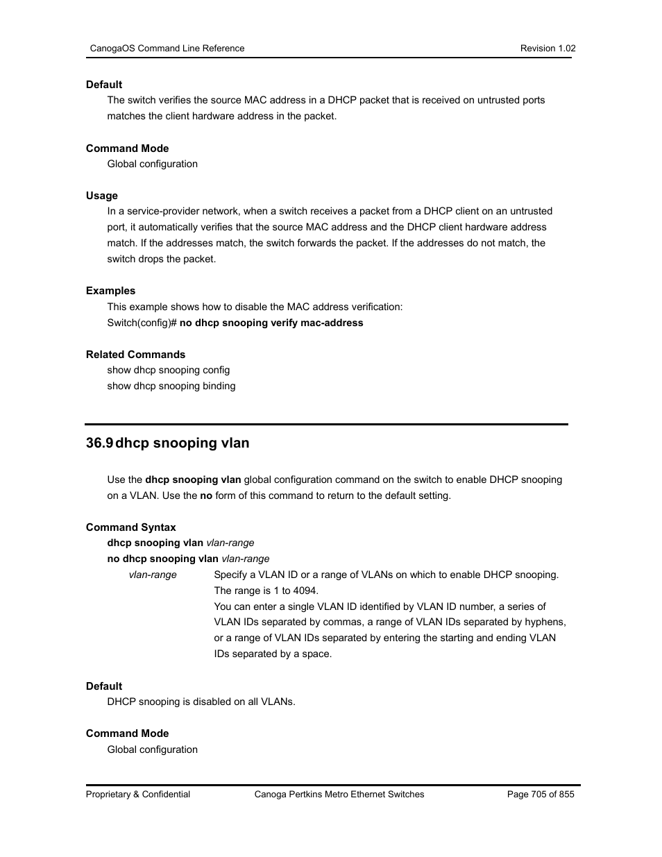 9 dhcp snooping vlan | CANOGA PERKINS CanogaOS Command Reference User Manual | Page 705 / 855