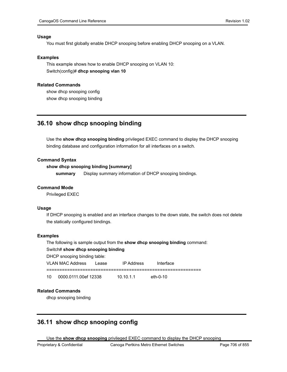 10 show dhcp snooping binding, 11 show dhcp snooping config | CANOGA PERKINS CanogaOS Command Reference User Manual | Page 706 / 855