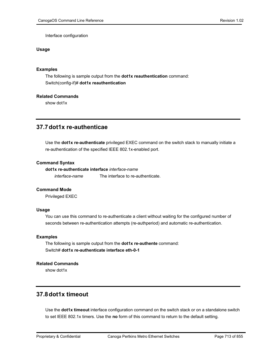 7 dot1x re-authenticae, 8 dot1x timeout | CANOGA PERKINS CanogaOS Command Reference User Manual | Page 713 / 855