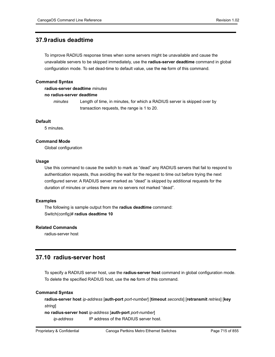 9 radius deadtime, 10 radius-server host | CANOGA PERKINS CanogaOS Command Reference User Manual | Page 715 / 855