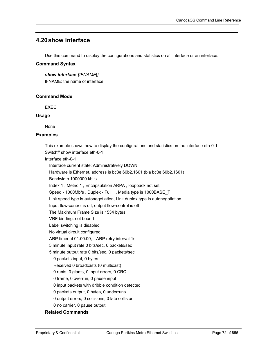 20 show interface | CANOGA PERKINS CanogaOS Command Reference User Manual | Page 72 / 855