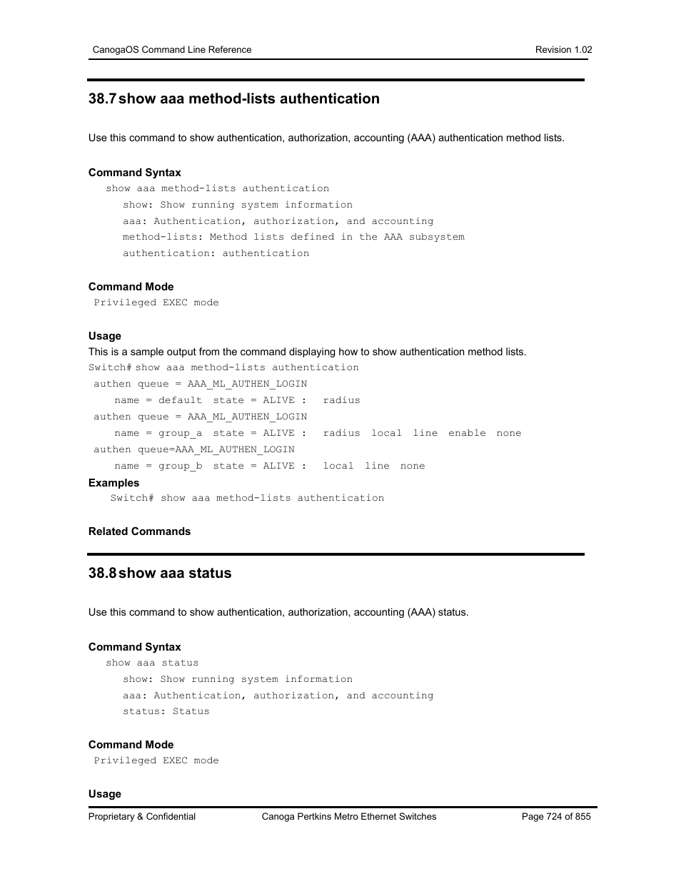 7 show aaa method-lists authentication, 8 show aaa status | CANOGA PERKINS CanogaOS Command Reference User Manual | Page 724 / 855