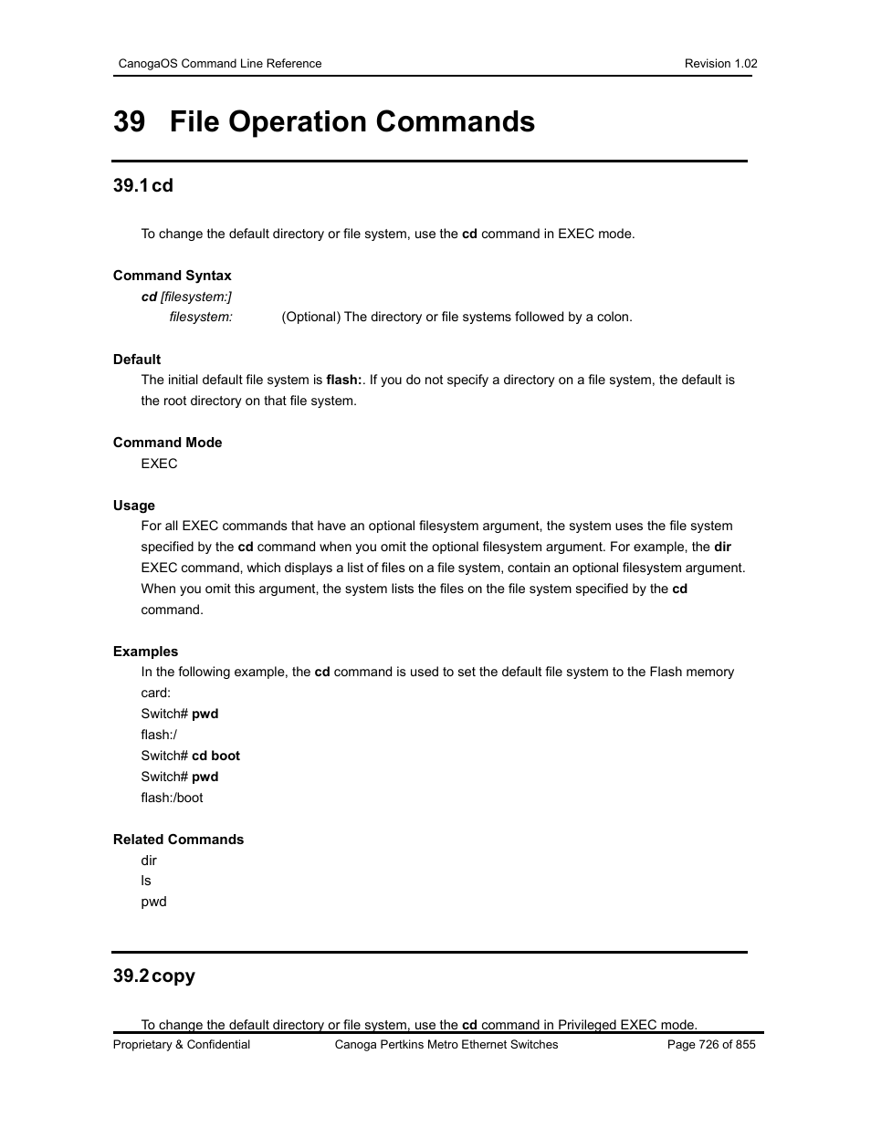 39 file operation commands, 1 cd, 2 copy | CANOGA PERKINS CanogaOS Command Reference User Manual | Page 726 / 855