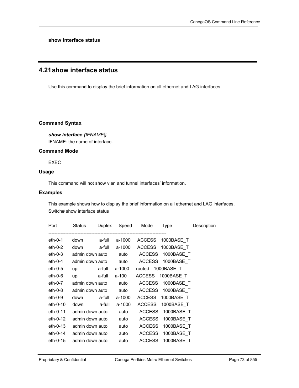 21 show interface status | CANOGA PERKINS CanogaOS Command Reference User Manual | Page 73 / 855