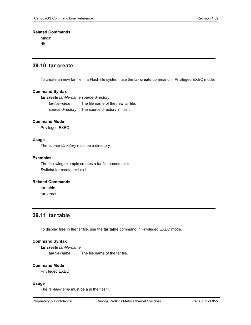 10 tar create, 11 tar table | CANOGA PERKINS CanogaOS Command Reference User Manual | Page 733 / 855