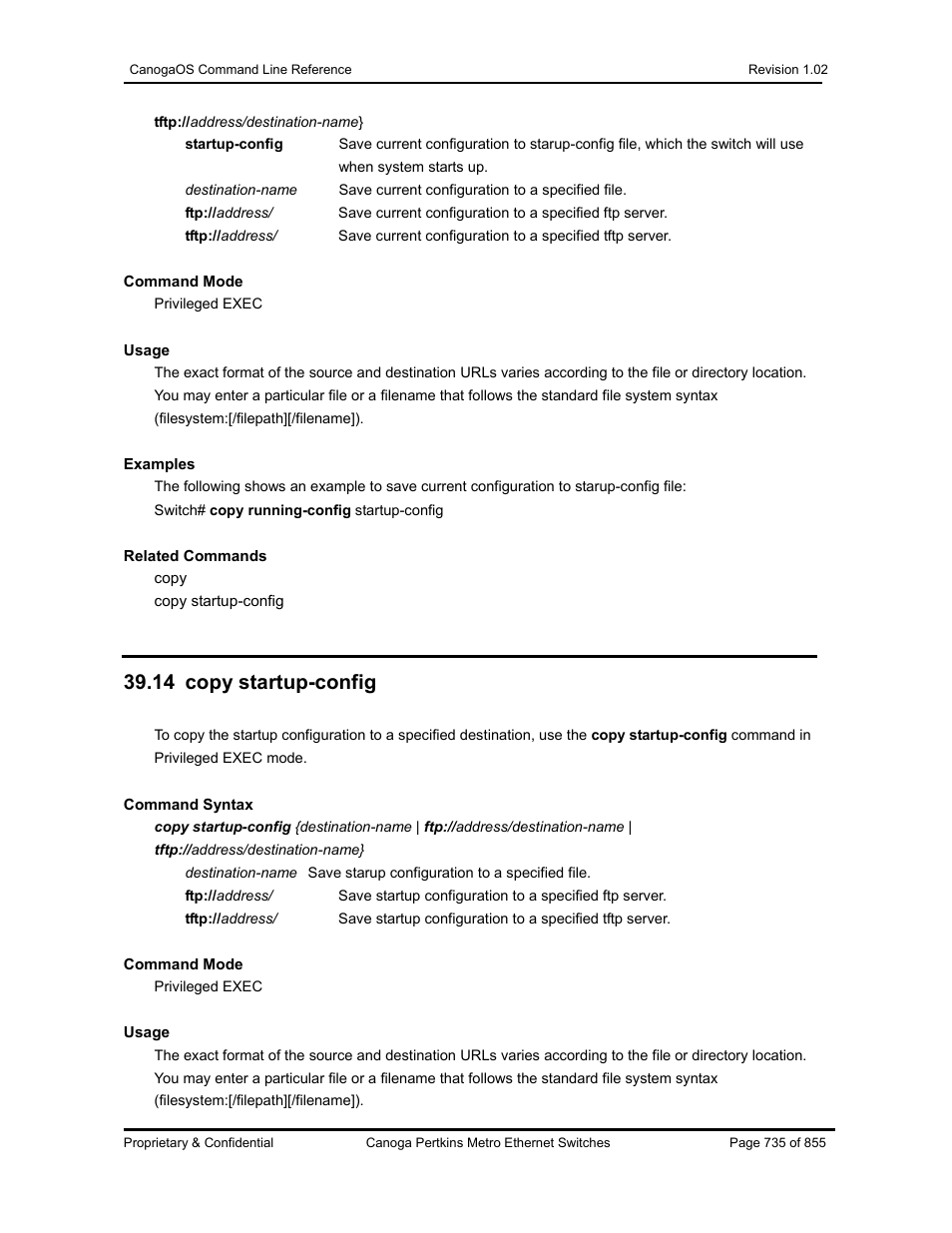 14 copy startup-config | CANOGA PERKINS CanogaOS Command Reference User Manual | Page 735 / 855