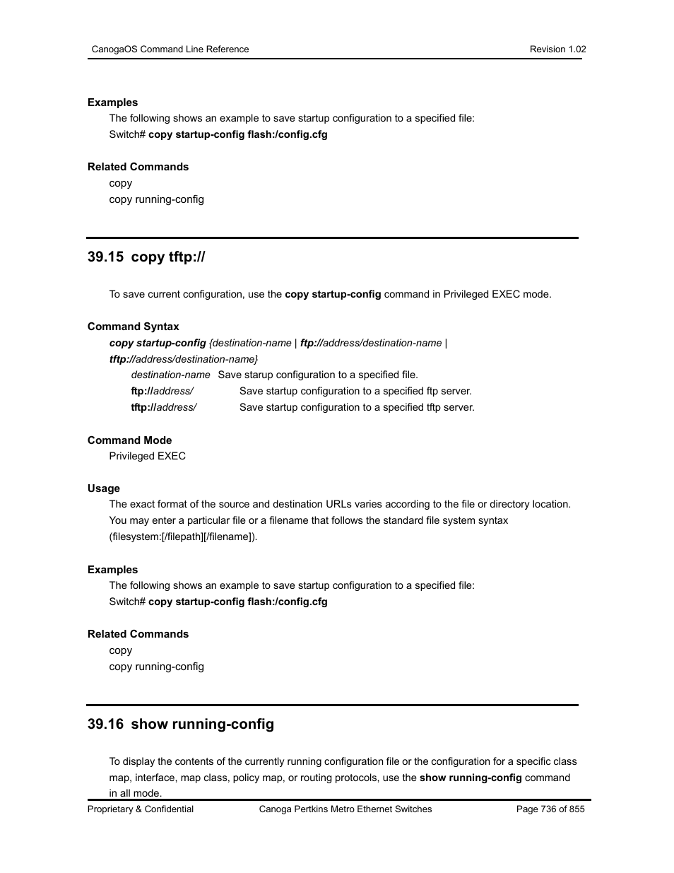 15 copy tftp, 16 show running-config | CANOGA PERKINS CanogaOS Command Reference User Manual | Page 736 / 855