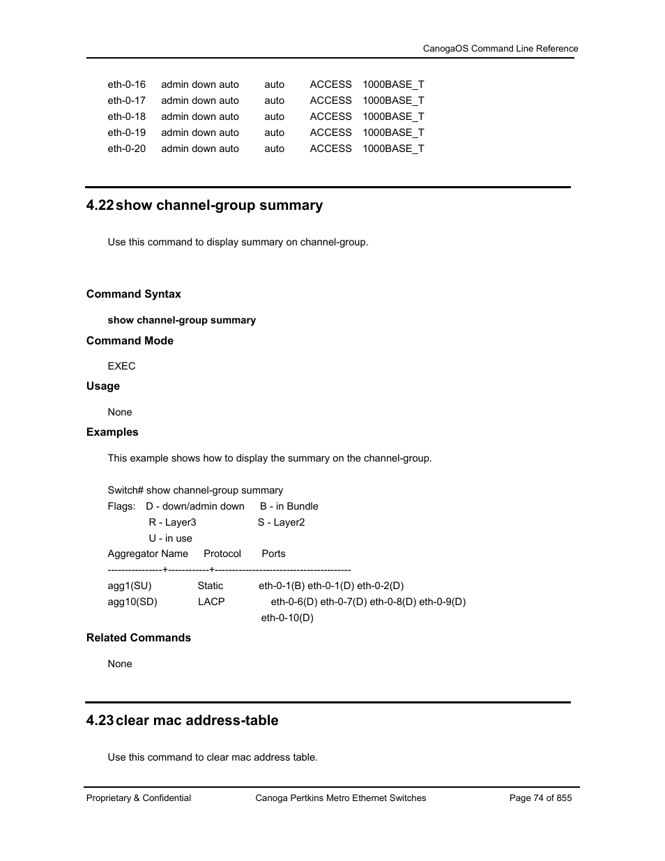 22 show channel-group summary, 23 clear mac address-table | CANOGA PERKINS CanogaOS Command Reference User Manual | Page 74 / 855