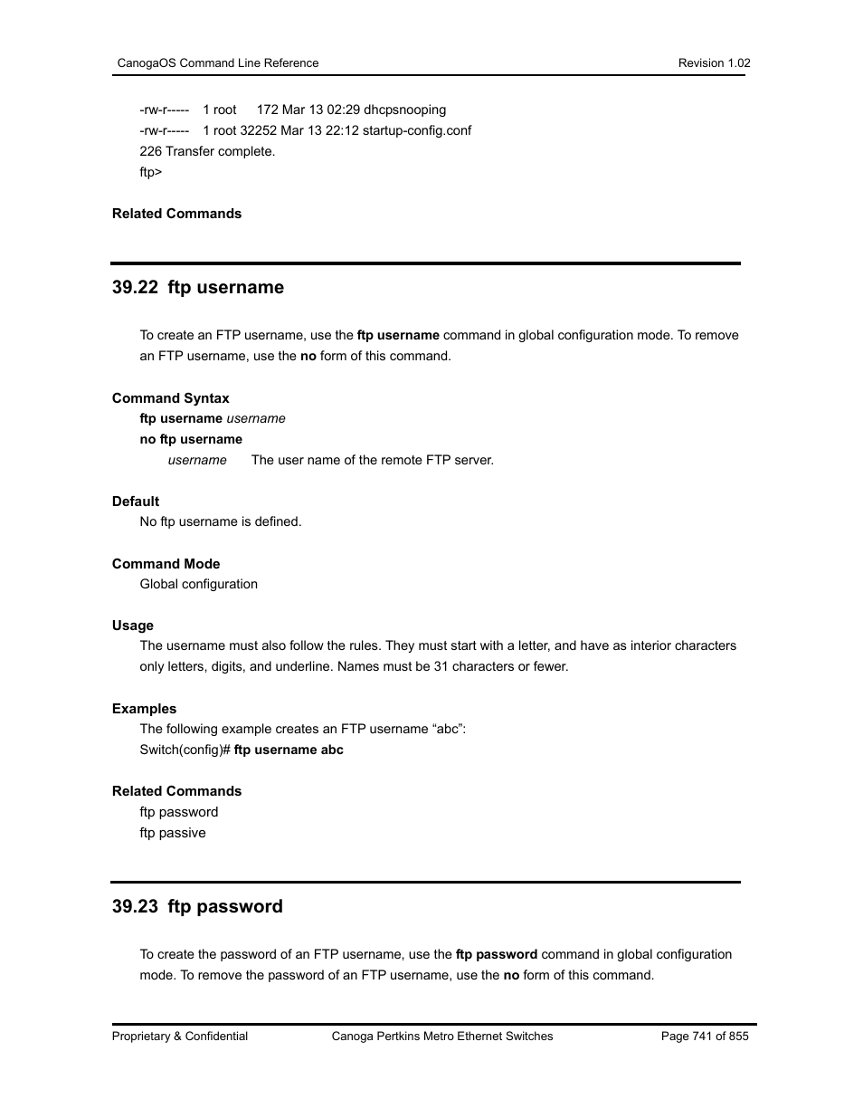 22 ftp username, 23 ftp password | CANOGA PERKINS CanogaOS Command Reference User Manual | Page 741 / 855