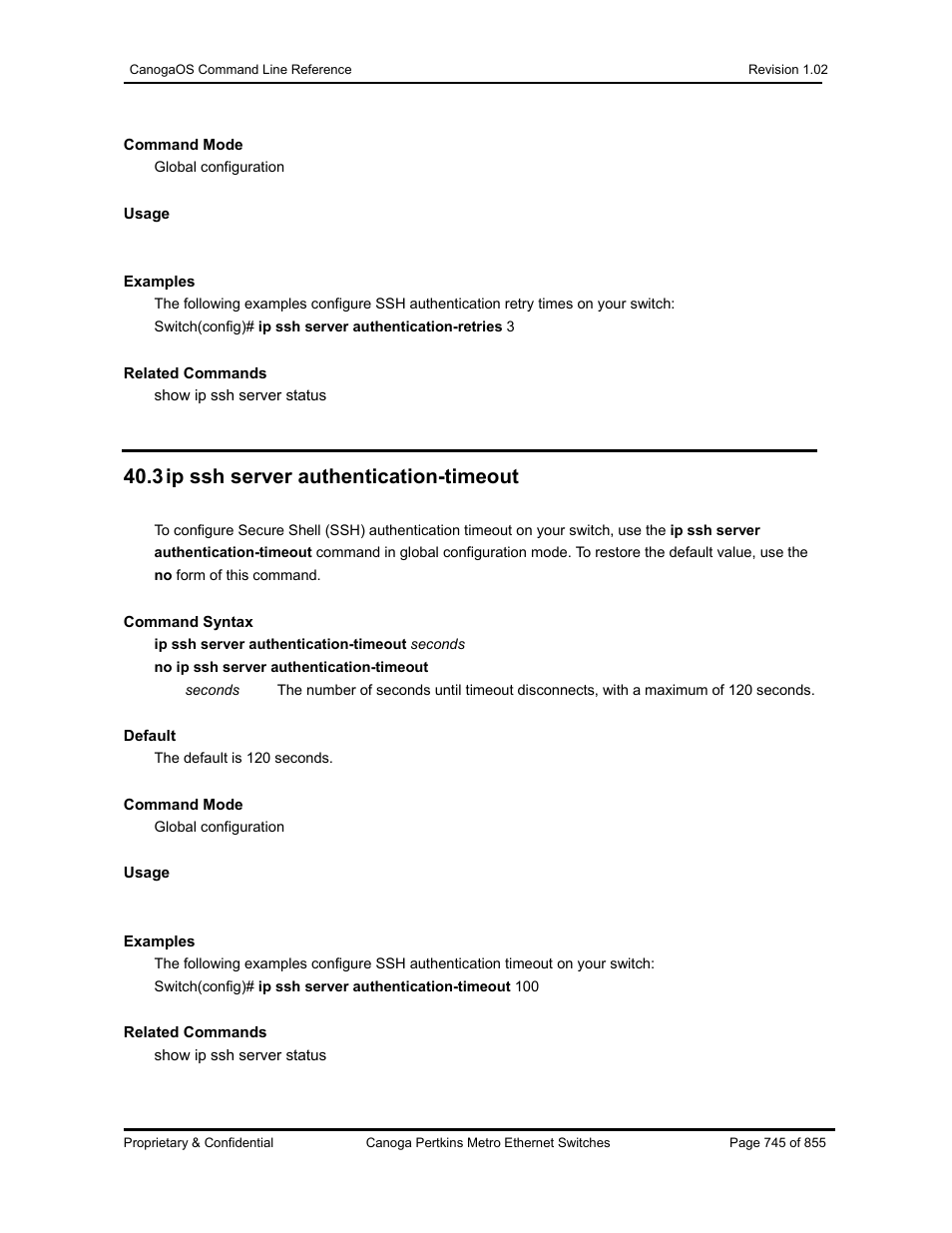 3 ip ssh server authentication-timeout | CANOGA PERKINS CanogaOS Command Reference User Manual | Page 745 / 855