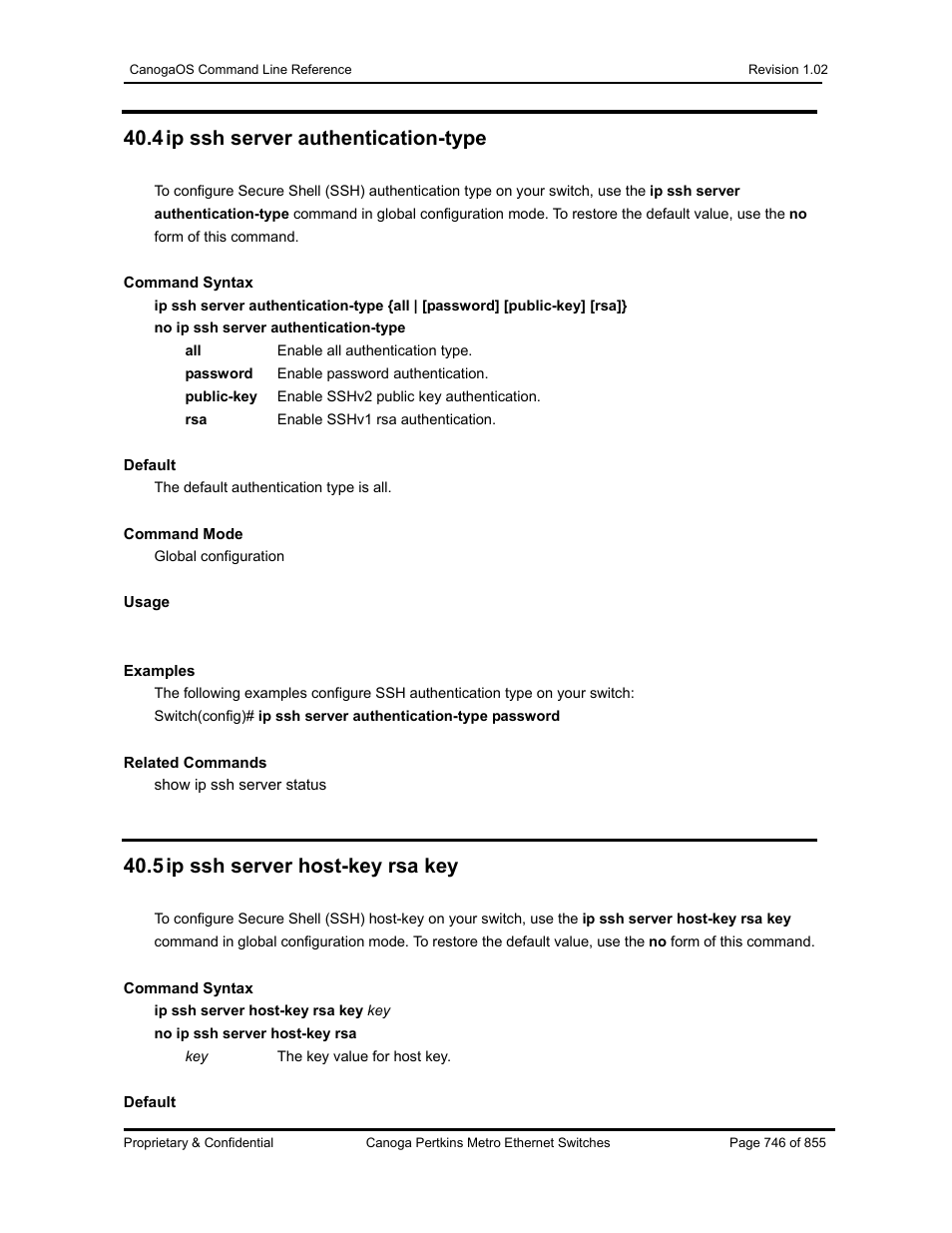 4 ip ssh server authentication-type, 5 ip ssh server host-key rsa key | CANOGA PERKINS CanogaOS Command Reference User Manual | Page 746 / 855