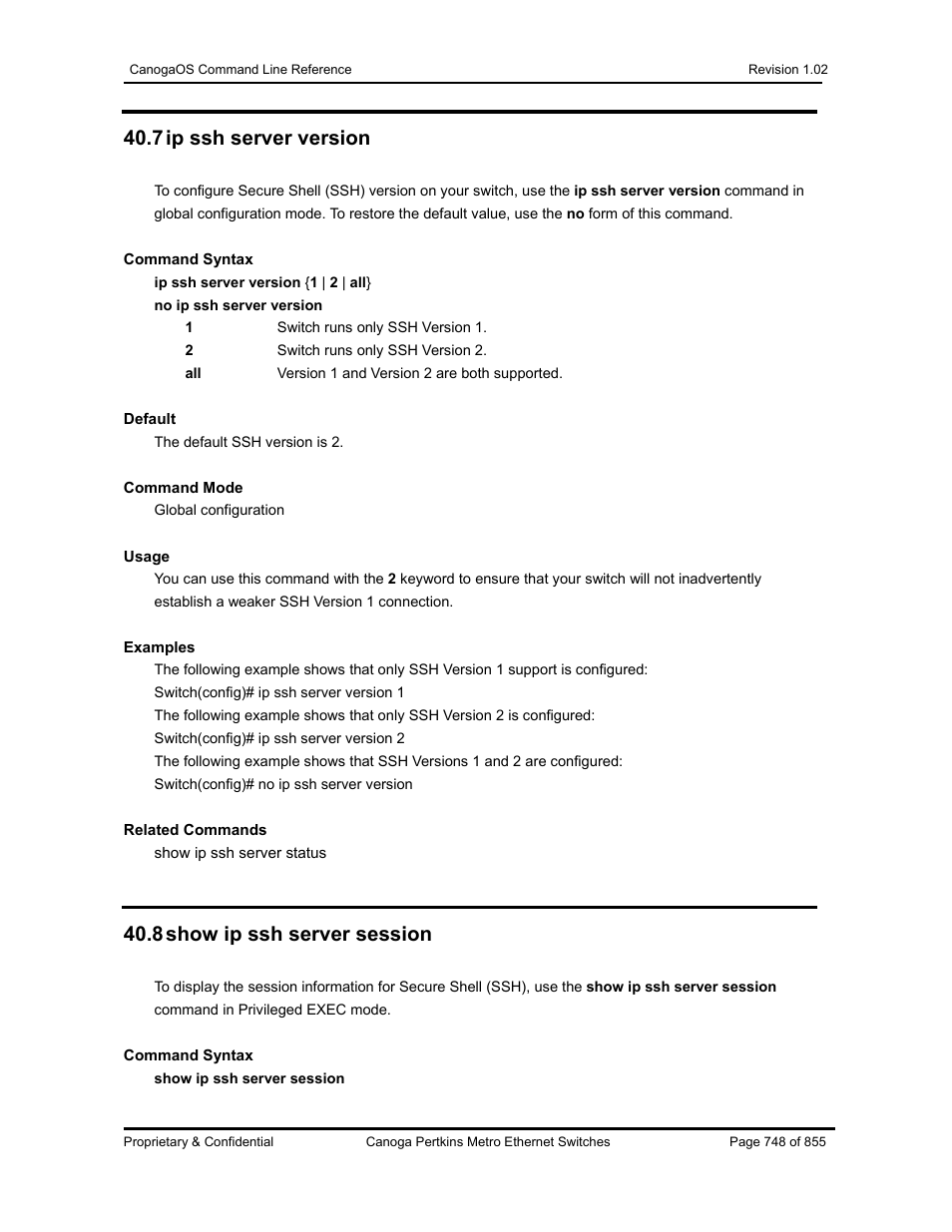 7 ip ssh server version, 8 show ip ssh server session | CANOGA PERKINS CanogaOS Command Reference User Manual | Page 748 / 855