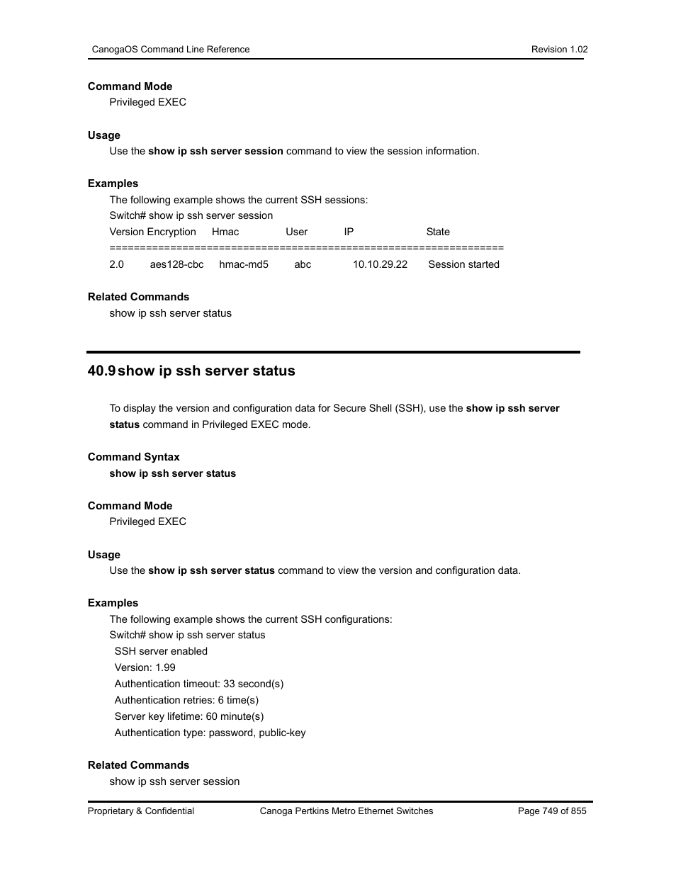 9 show ip ssh server status | CANOGA PERKINS CanogaOS Command Reference User Manual | Page 749 / 855