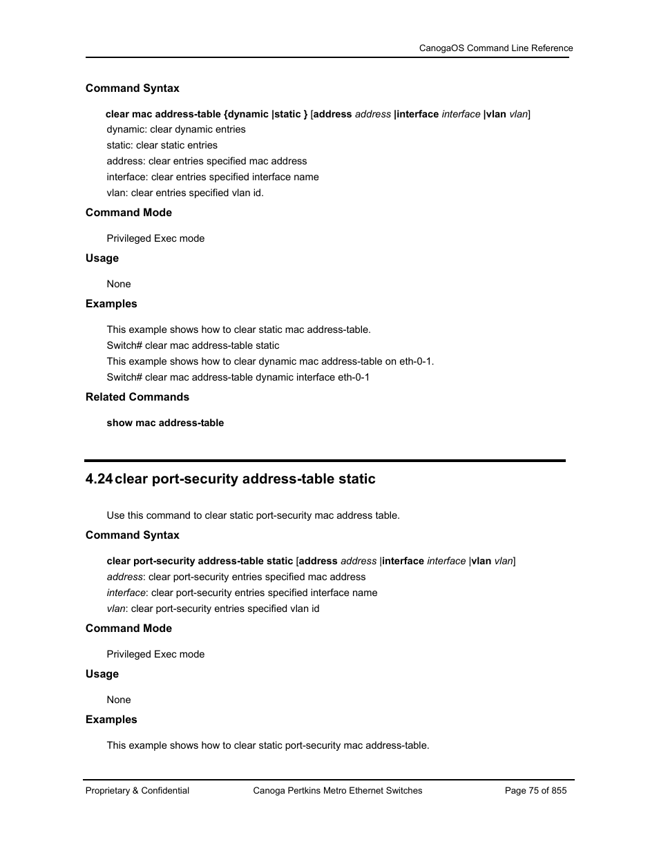 24 clear port-security address-table static | CANOGA PERKINS CanogaOS Command Reference User Manual | Page 75 / 855