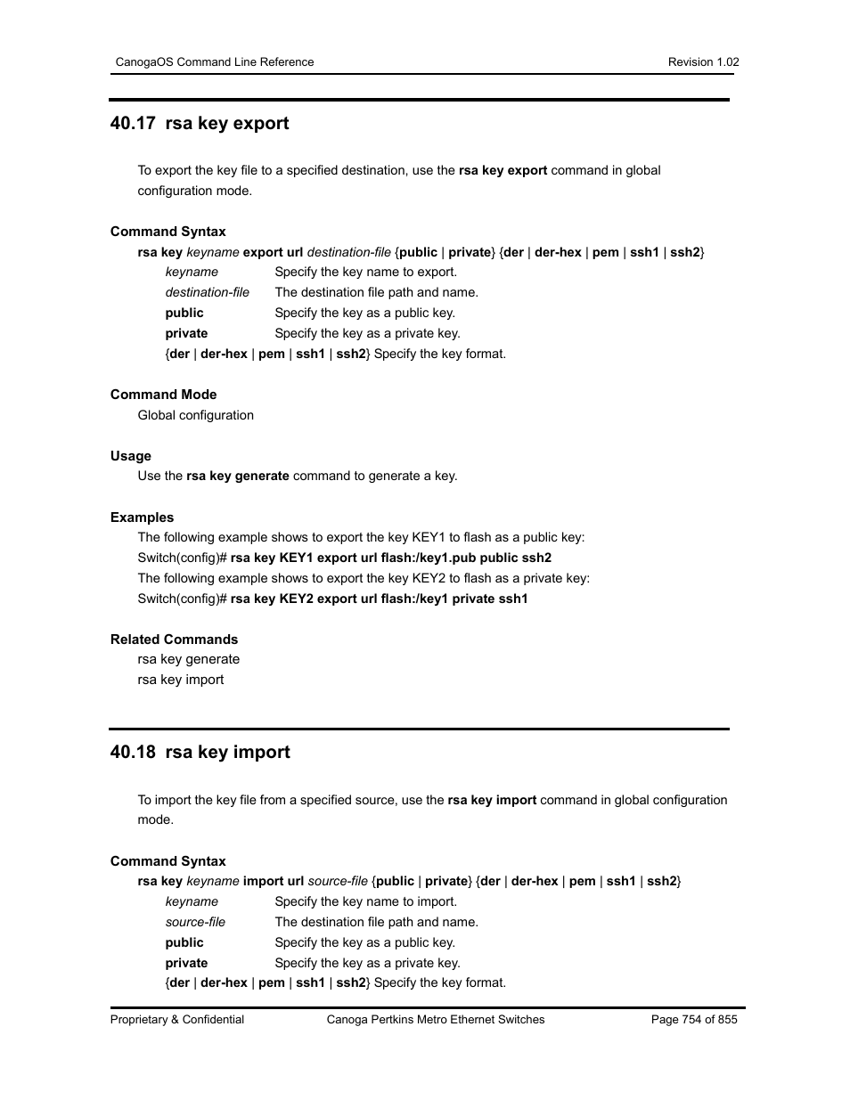 17 rsa key export, 18 rsa key import | CANOGA PERKINS CanogaOS Command Reference User Manual | Page 754 / 855