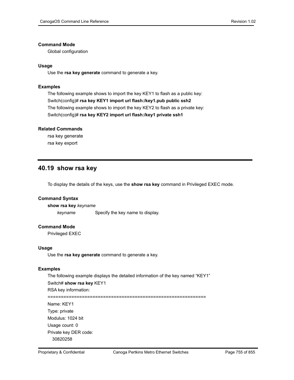 19 show rsa key | CANOGA PERKINS CanogaOS Command Reference User Manual | Page 755 / 855