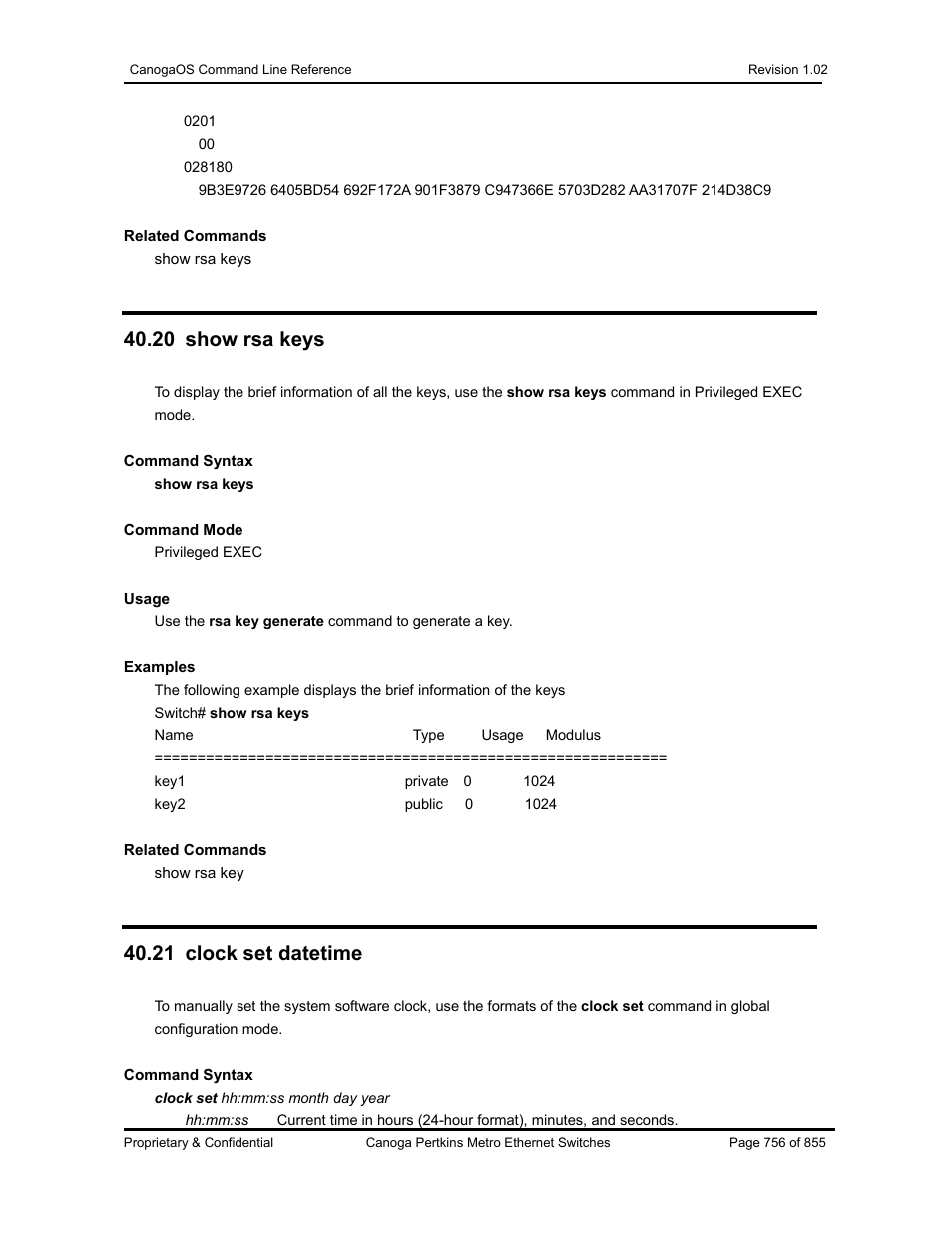 20 show rsa keys, 21 clock set datetime | CANOGA PERKINS CanogaOS Command Reference User Manual | Page 756 / 855