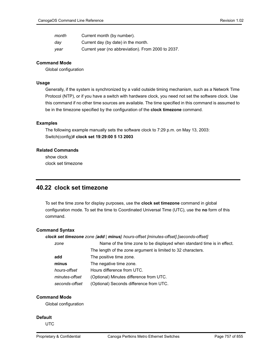 22 clock set timezone | CANOGA PERKINS CanogaOS Command Reference User Manual | Page 757 / 855