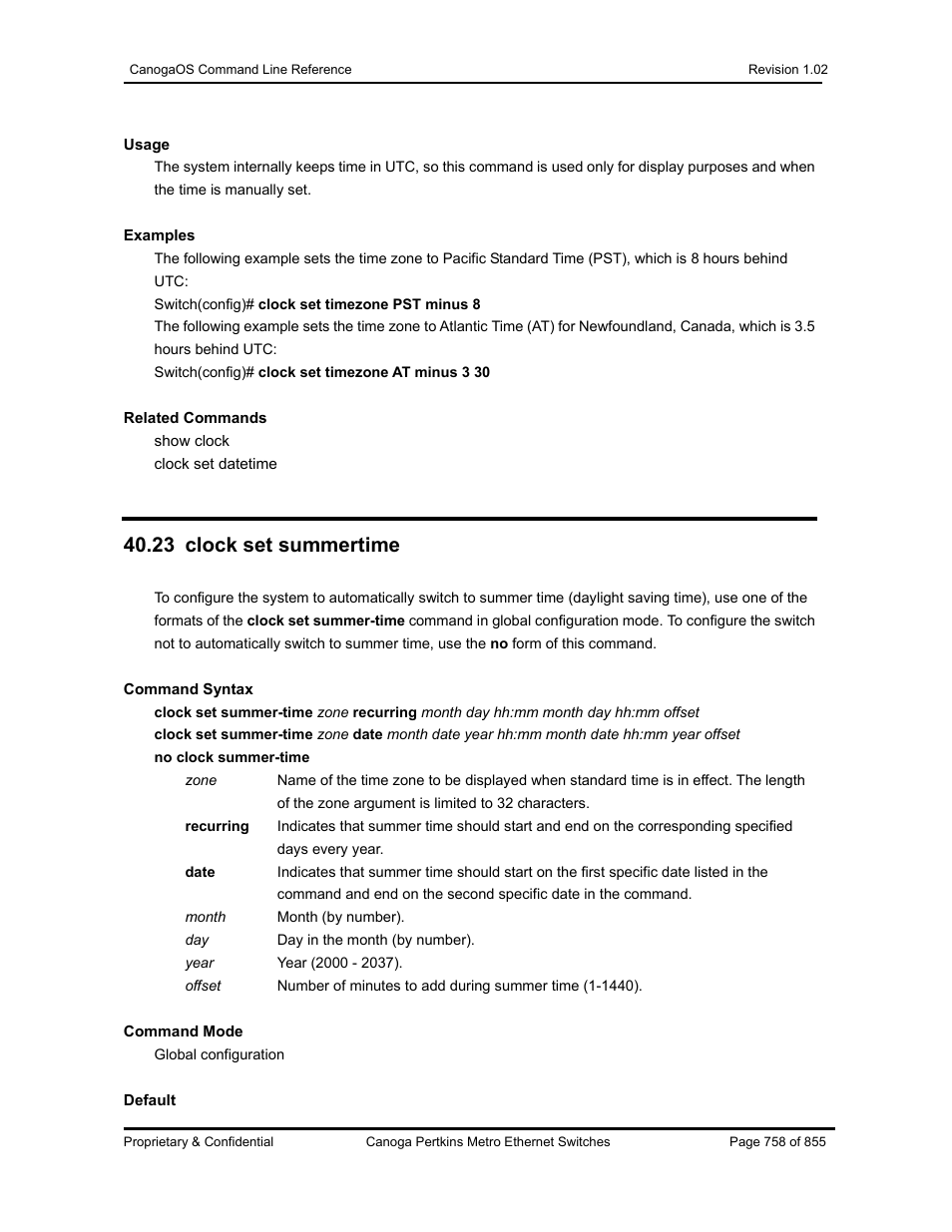 23 clock set summertime | CANOGA PERKINS CanogaOS Command Reference User Manual | Page 758 / 855