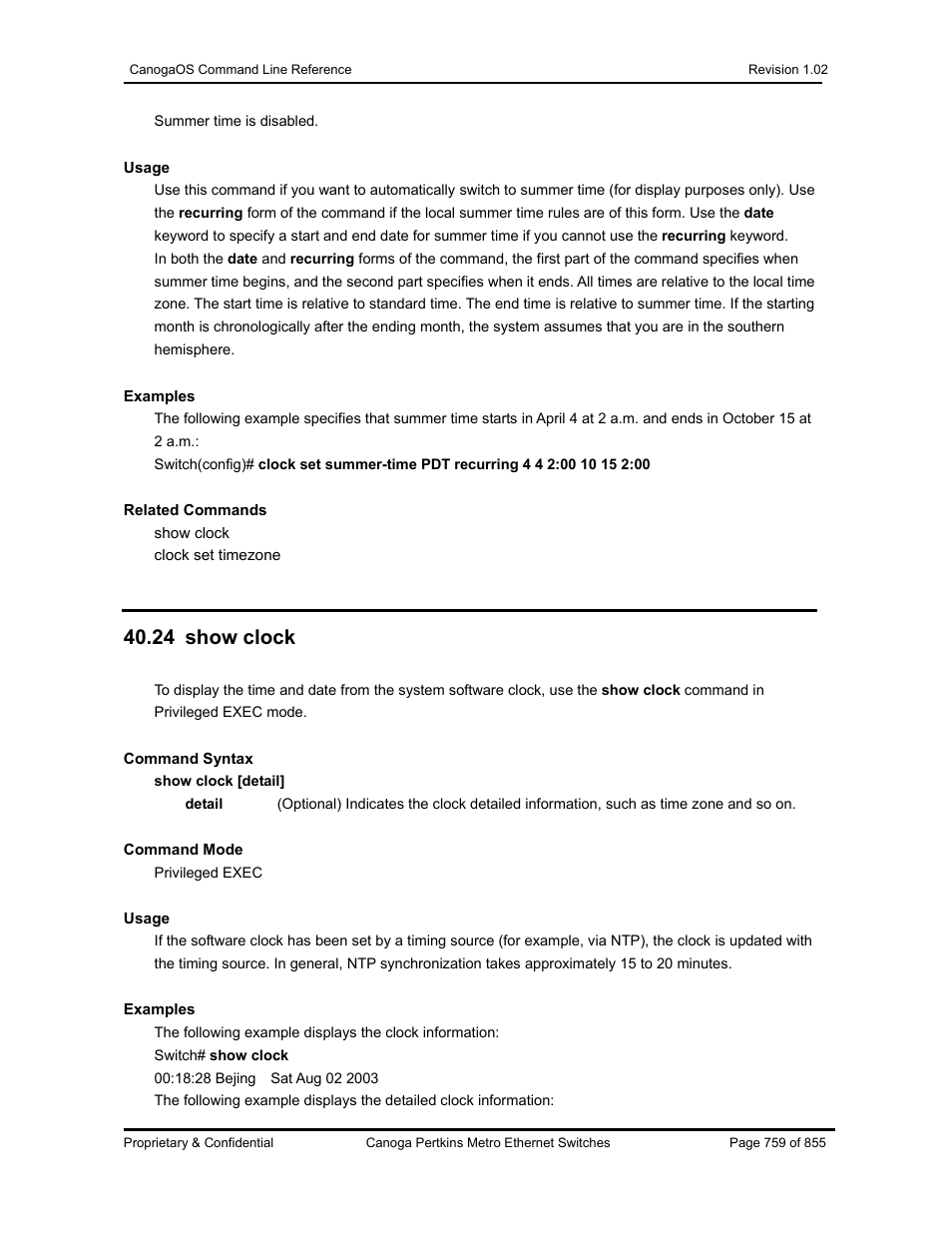 24 show clock | CANOGA PERKINS CanogaOS Command Reference User Manual | Page 759 / 855
