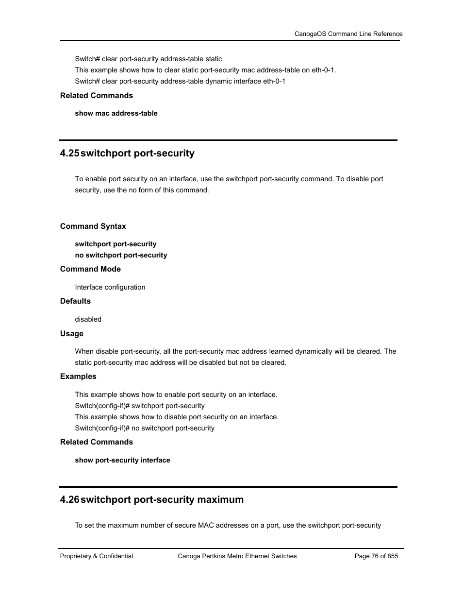 25 switchport port-security, 26 switchport port-security maximum | CANOGA PERKINS CanogaOS Command Reference User Manual | Page 76 / 855