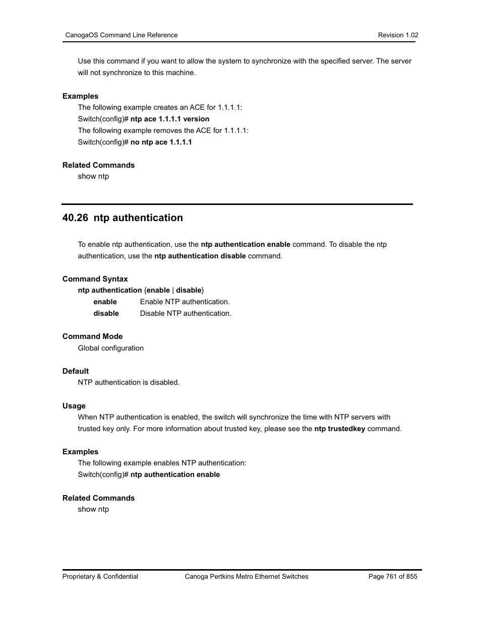 26 ntp authentication | CANOGA PERKINS CanogaOS Command Reference User Manual | Page 761 / 855