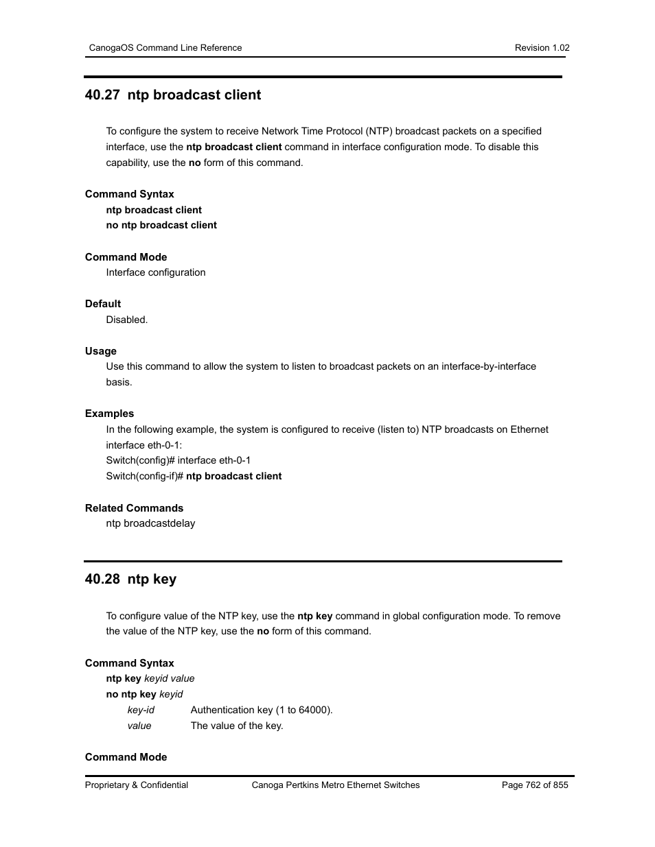 27 ntp broadcast client, 28 ntp key | CANOGA PERKINS CanogaOS Command Reference User Manual | Page 762 / 855