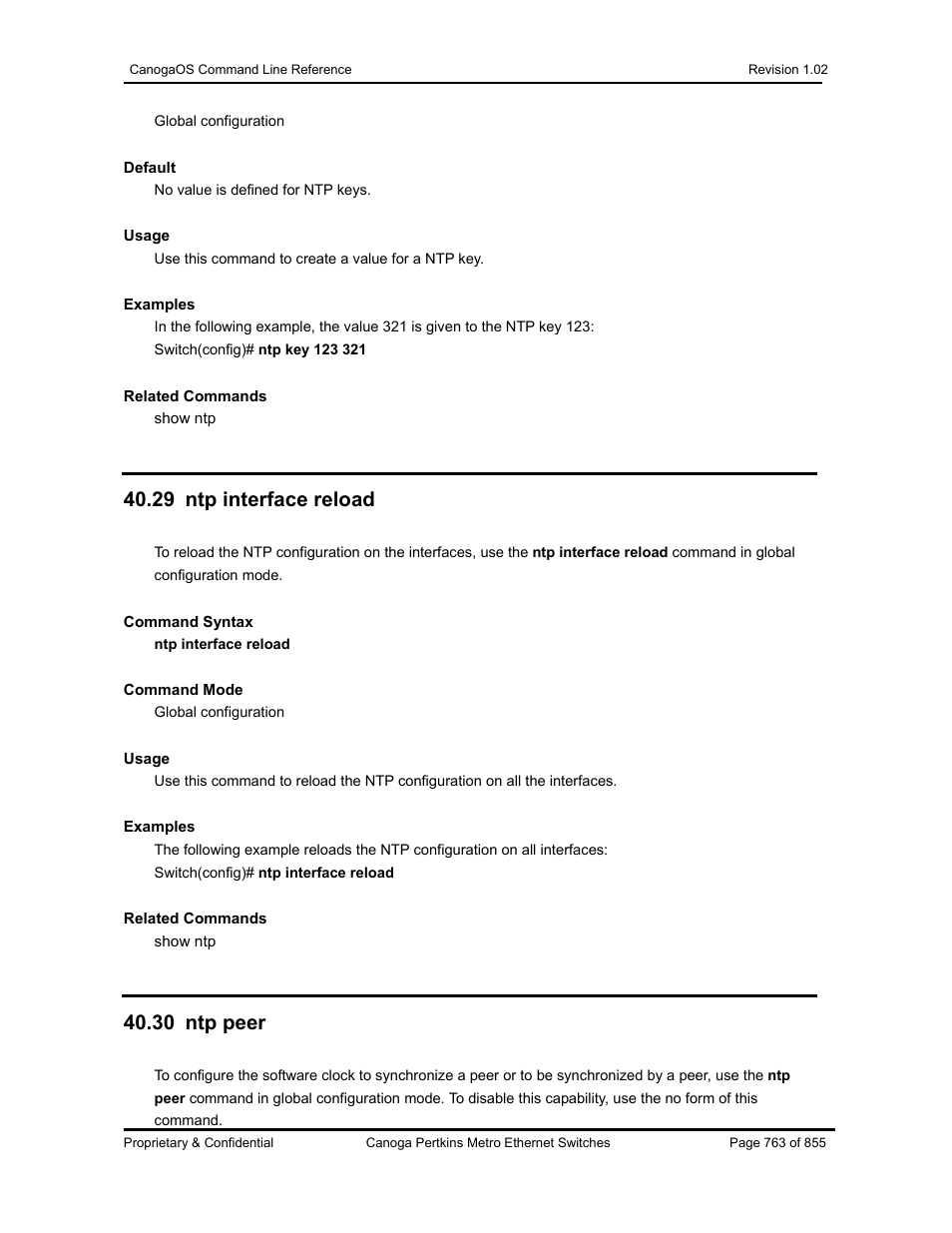 29 ntp interface reload, 30 ntp peer | CANOGA PERKINS CanogaOS Command Reference User Manual | Page 763 / 855