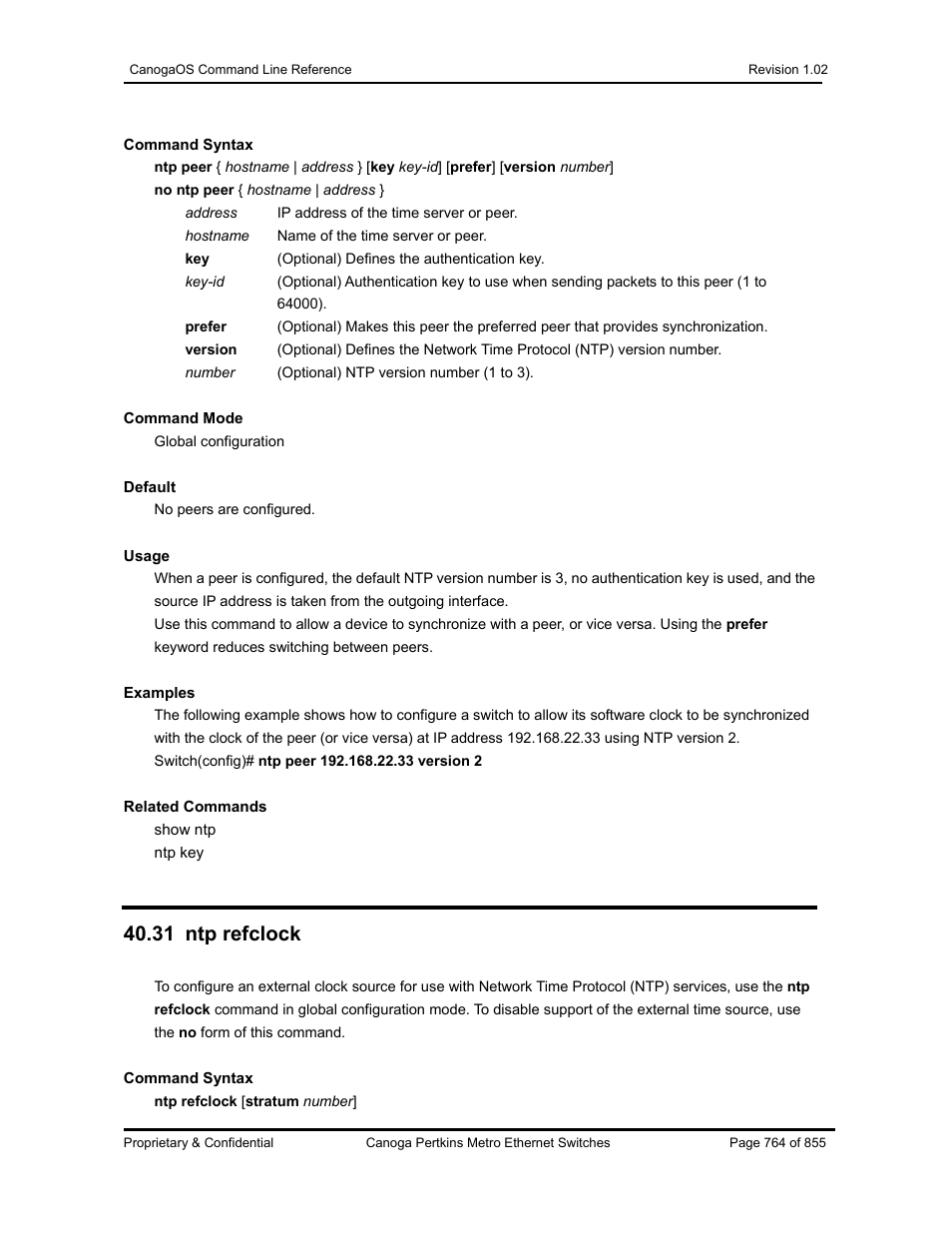 31 ntp refclock | CANOGA PERKINS CanogaOS Command Reference User Manual | Page 764 / 855