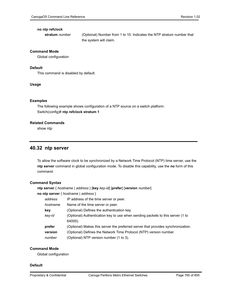 32 ntp server | CANOGA PERKINS CanogaOS Command Reference User Manual | Page 765 / 855