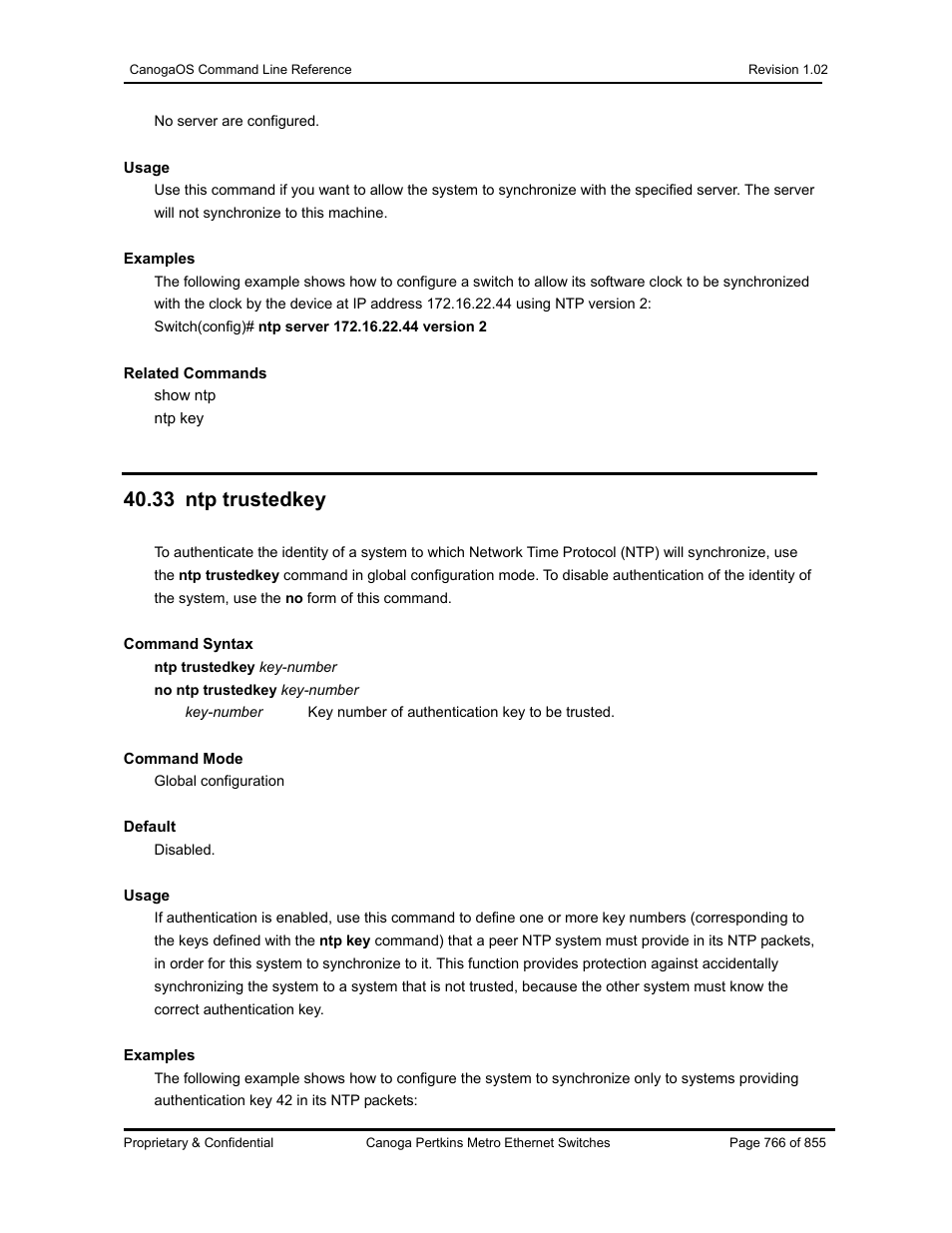 33 ntp trustedkey | CANOGA PERKINS CanogaOS Command Reference User Manual | Page 766 / 855